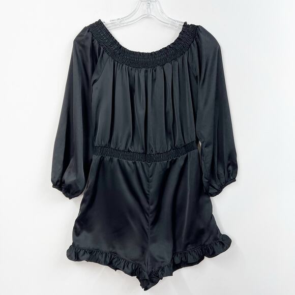 BEBE Satin Off-The Shoulder Romper Ruffled Trim Long Sleeve Shorts Black Women S - Picture 3 of 8